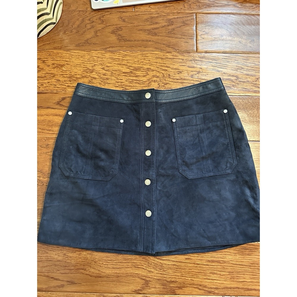 Rag & Bone Siggy Skirt Goat Suede Lamb Leather Trim Pockets Navy Blue 8